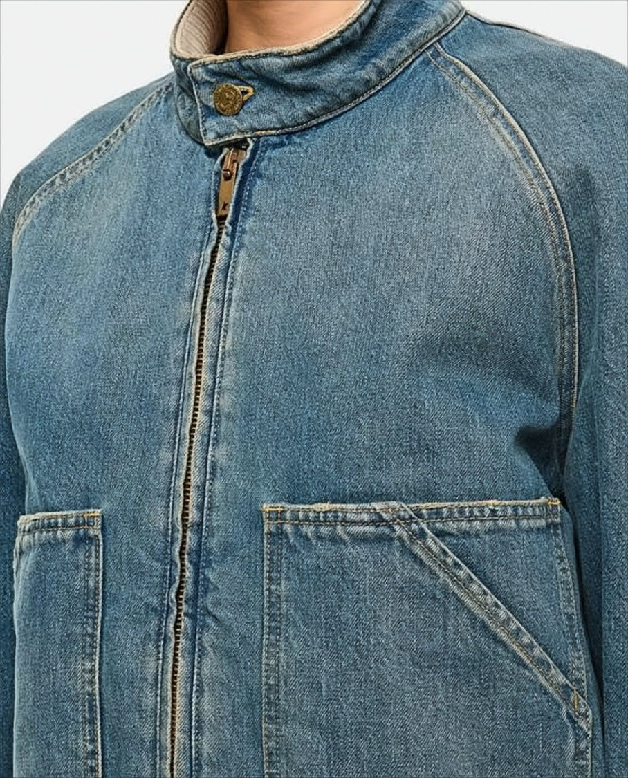 Denim Jacket With Ribbed Knit Cuffs And Relaxed Fit