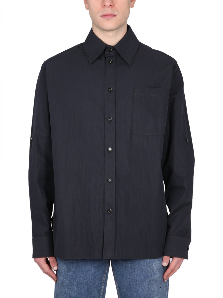 Pointed Collar Cotton Twill Shirt with Button Closure