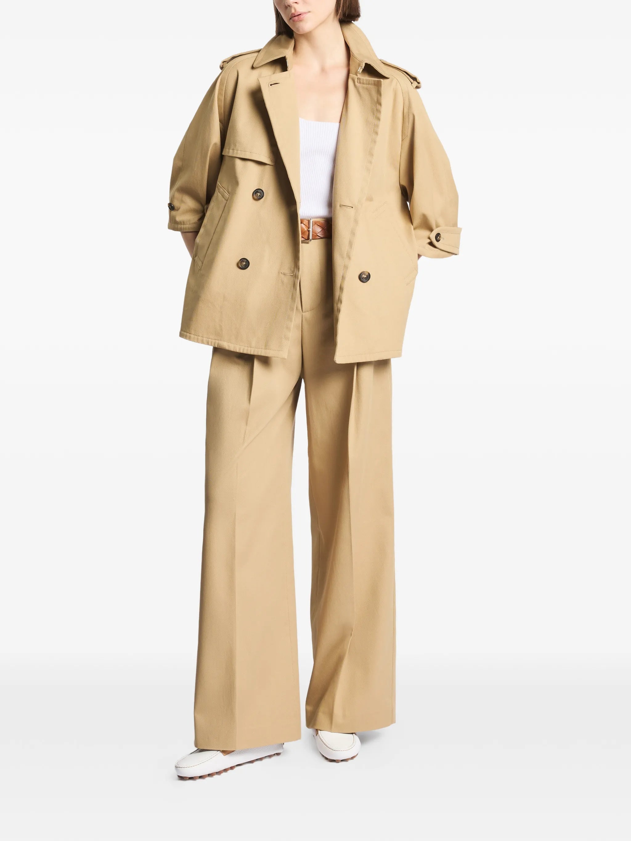 Boxy Brown Trench Elbow-Length Sleeve Jacket