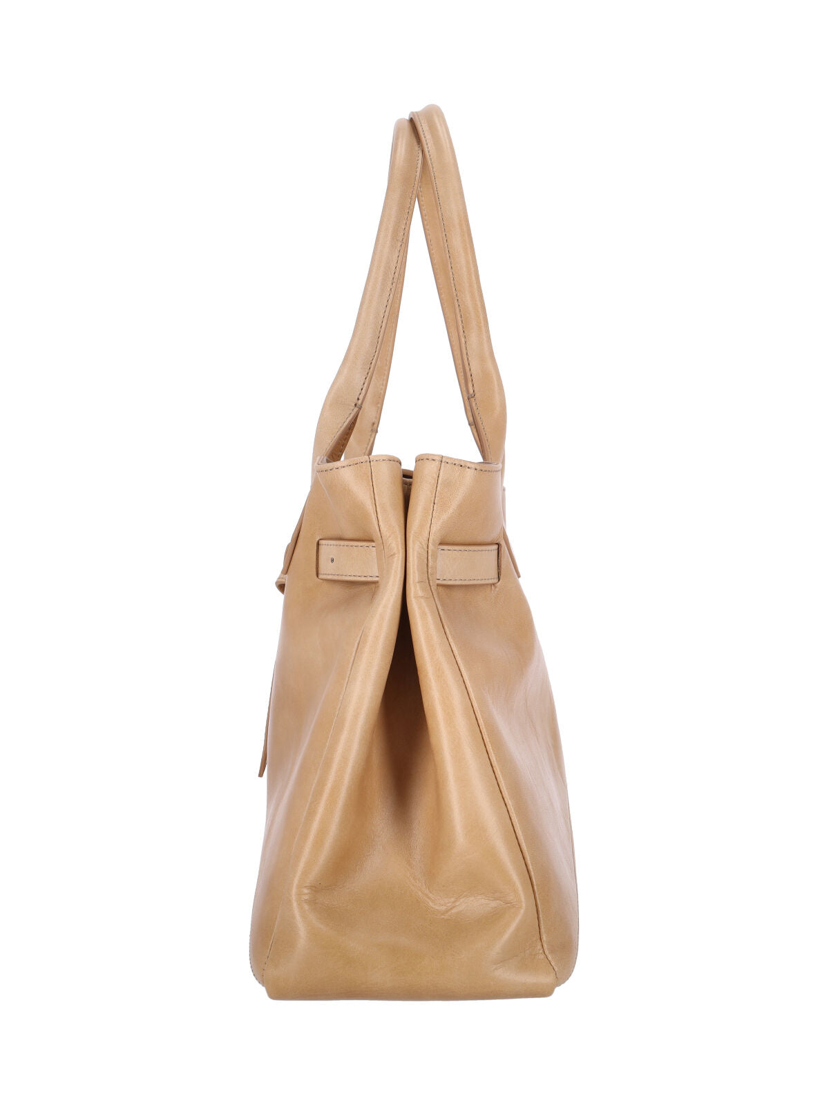 Beige Calf Leather Tote With Adjustable Buckle Detail