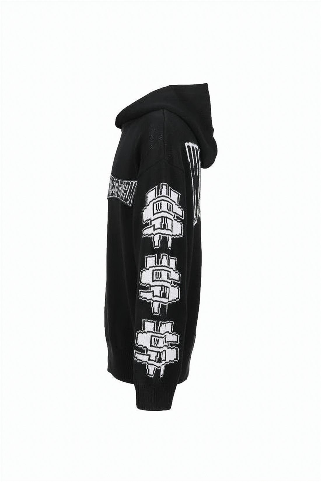 Black Hooded Knit Sweater with Graphic Motifs