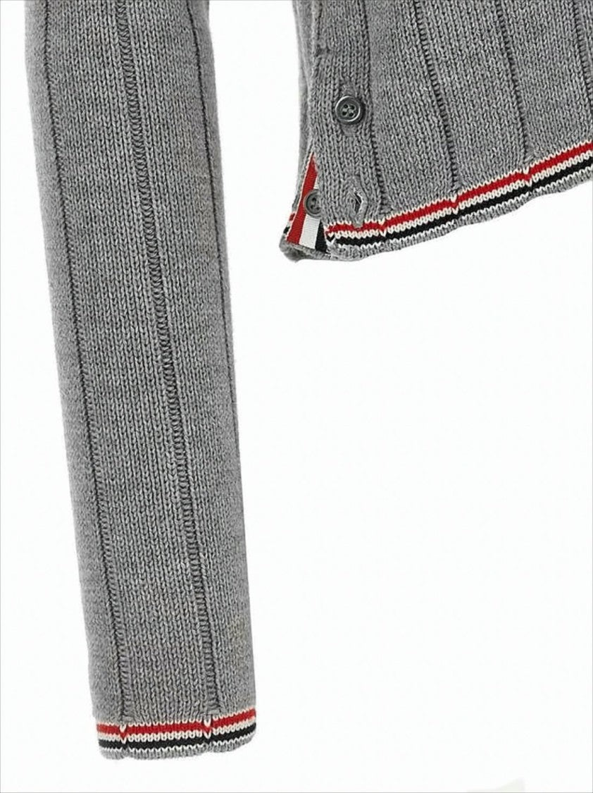 Ribbed Knit Cardigan with Cropped Silhouette and Striped Trim