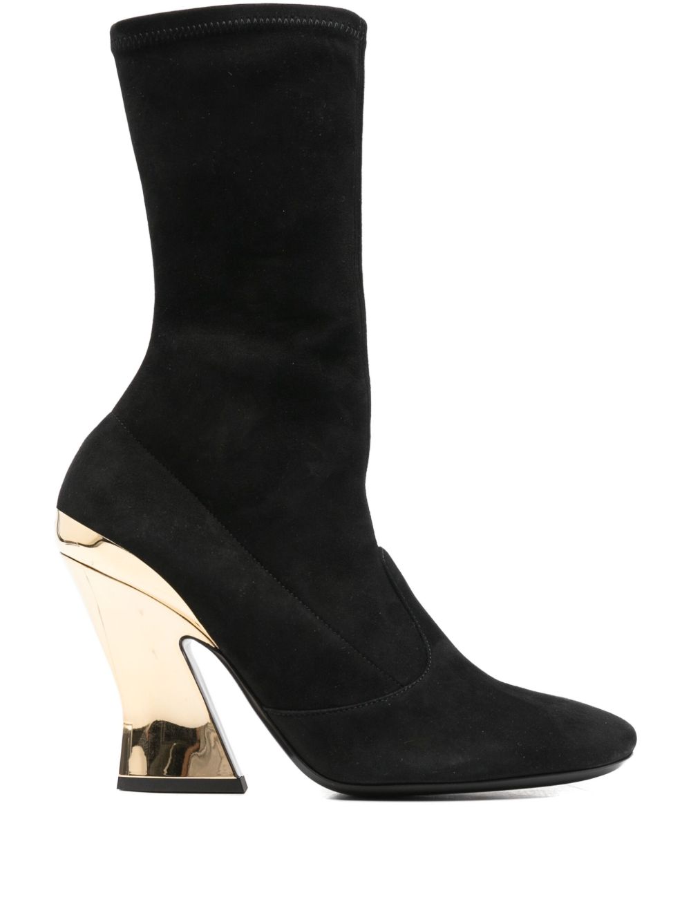 Sculptural Gold-Tone Heel Black Leather Boots