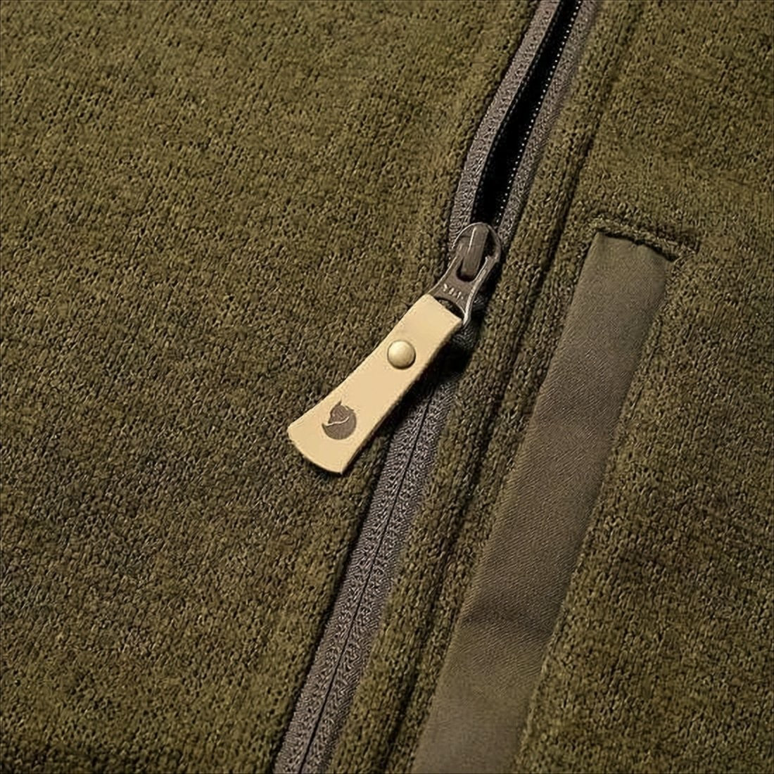 Textured Knit-Like Polyester Jacket with Leather Pull Tab