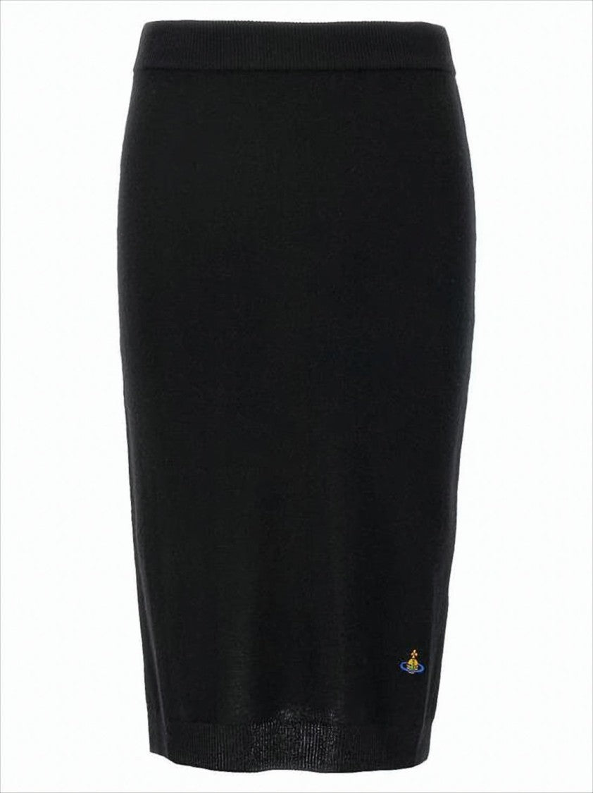 Black Cashmere-Wool Midi Skirt with Ribbed Waistband
