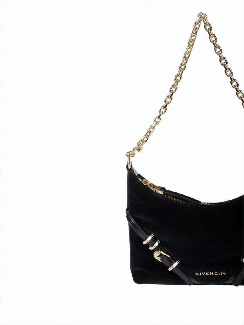 Cotton Canvas Shoulder Bag with Gold-tone Chain and Elegant Accents