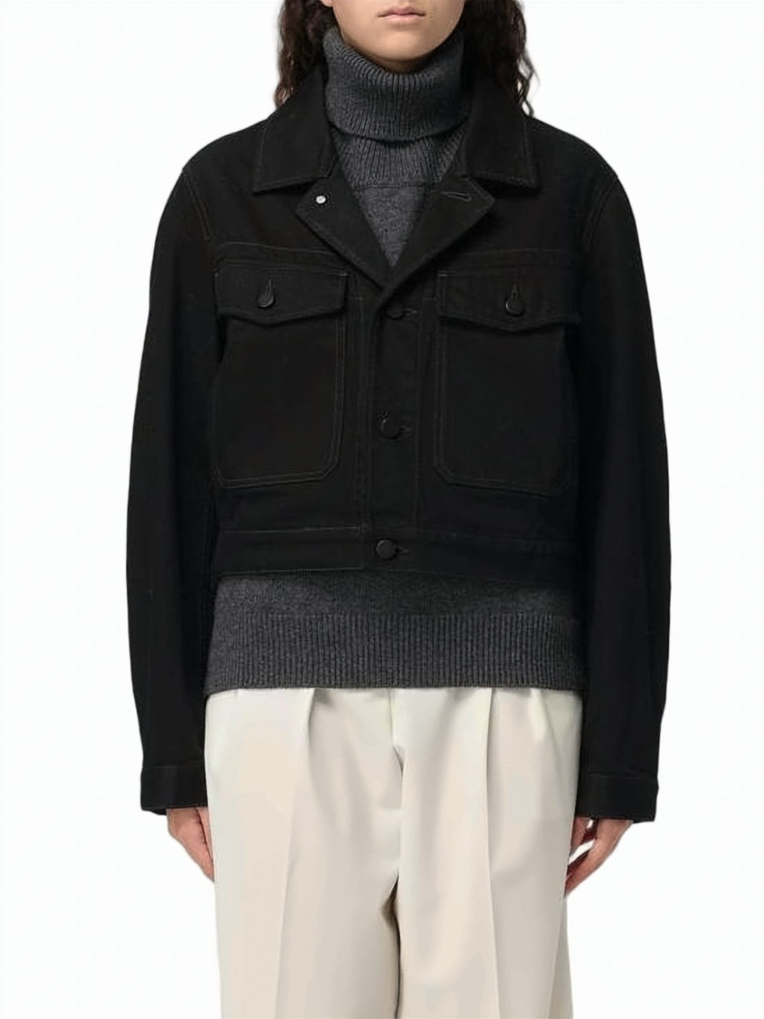 Cropped Black Cotton Shirt Jacket