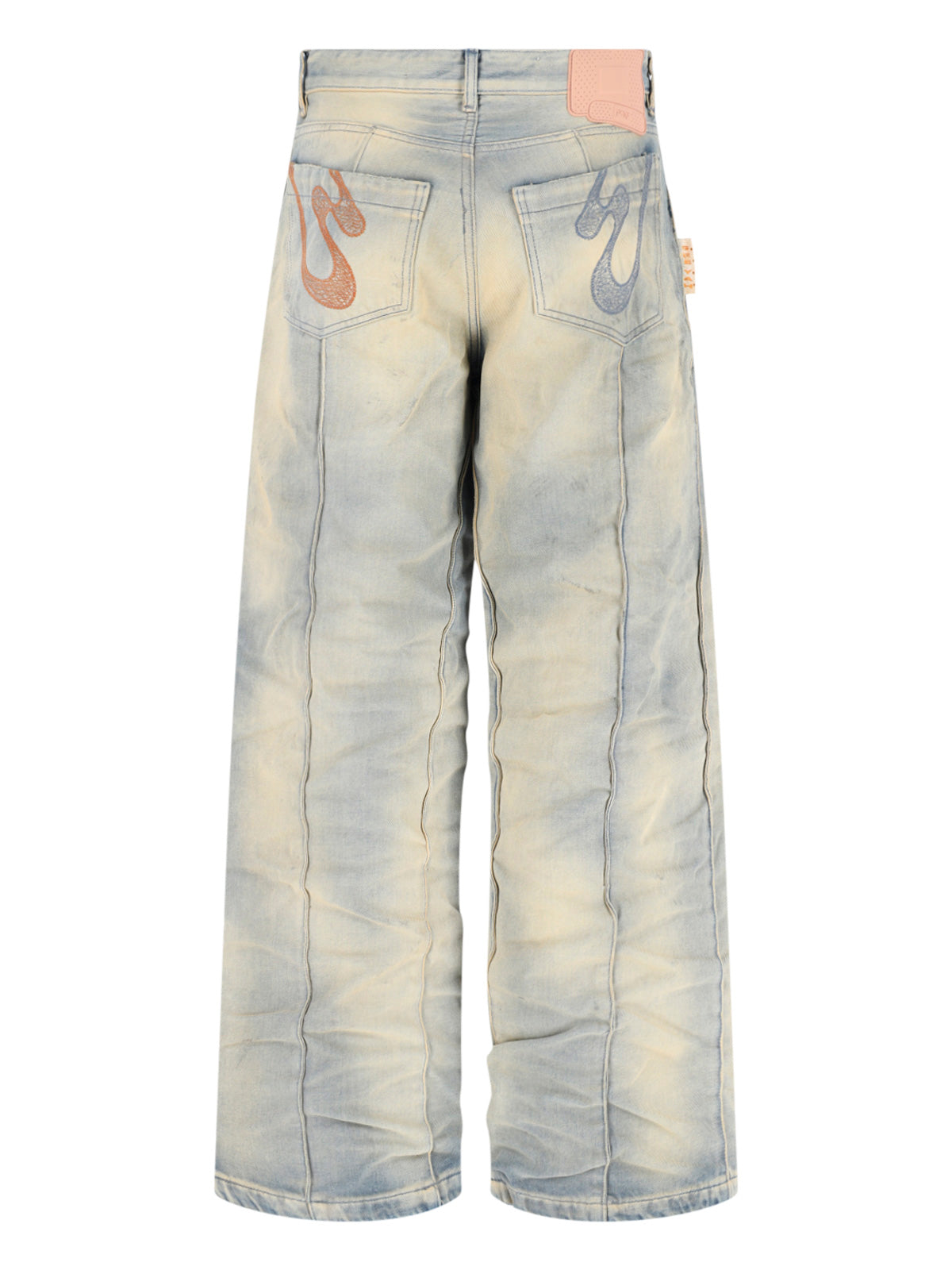 Beige/Grey Distressed Wide-Leg Denim Jeans