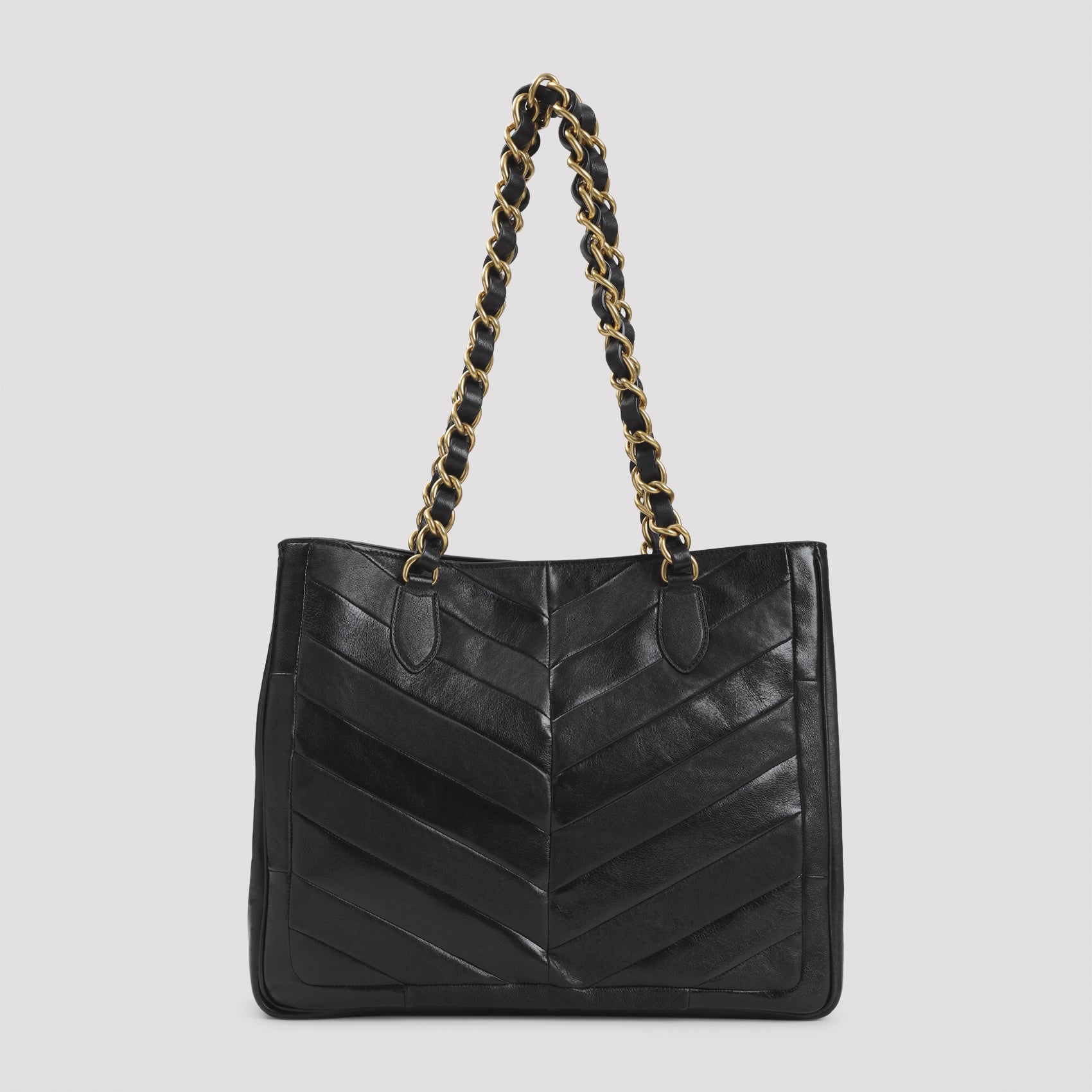 Chevron-Quilted Shopper Bag with Chain Straps