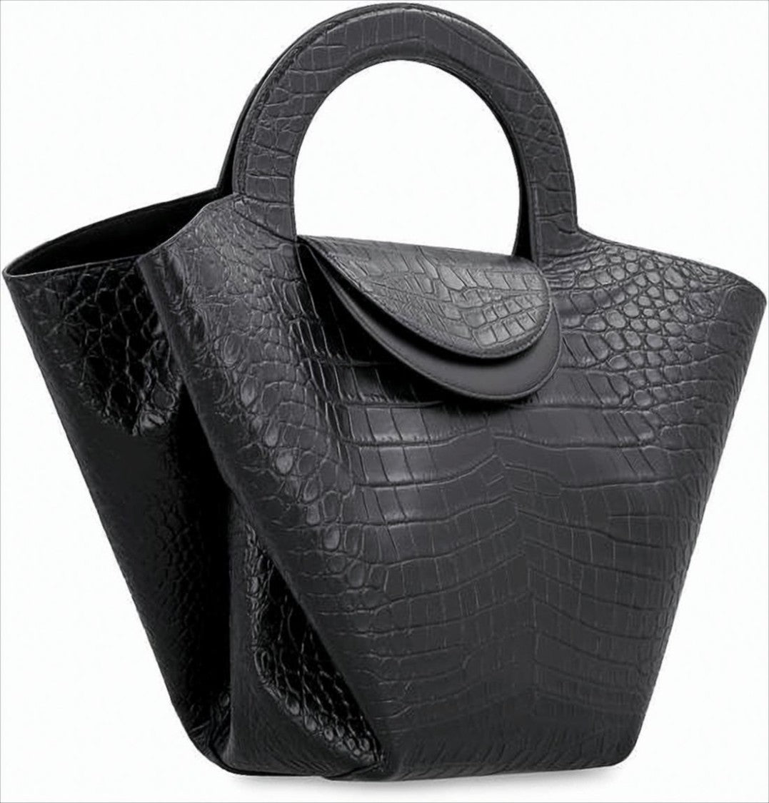 Trapezoidal Crocodile-Embossed Leather Tote Bag