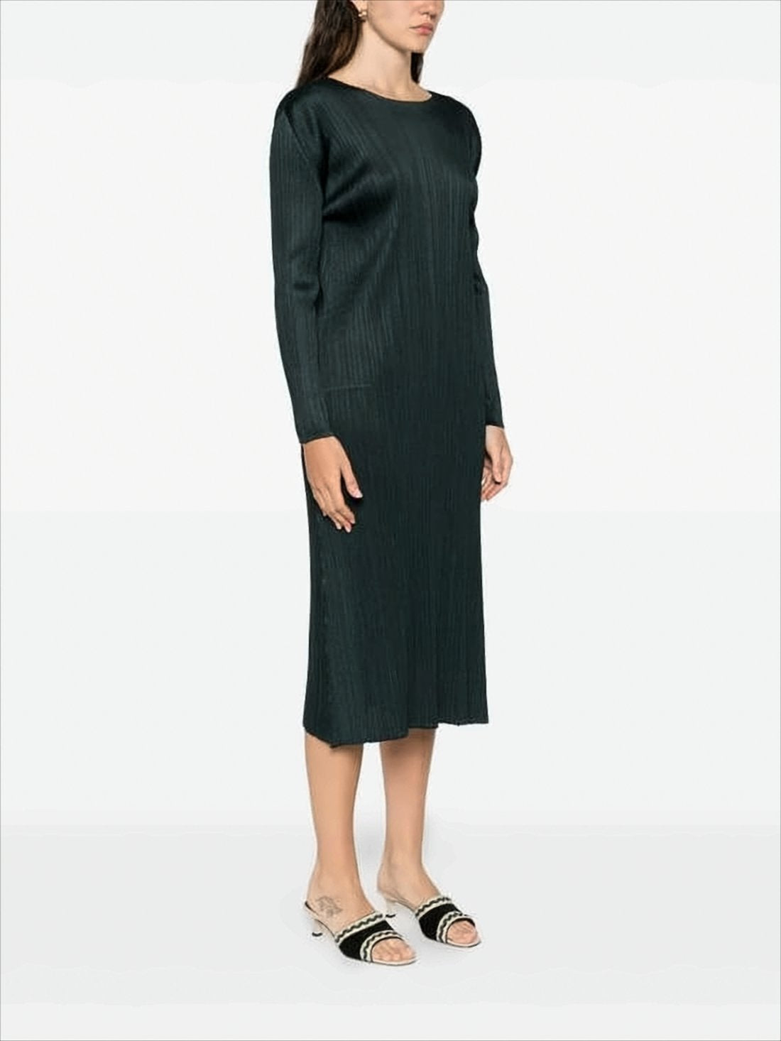 Pleated Midi Dress with Round Neckline