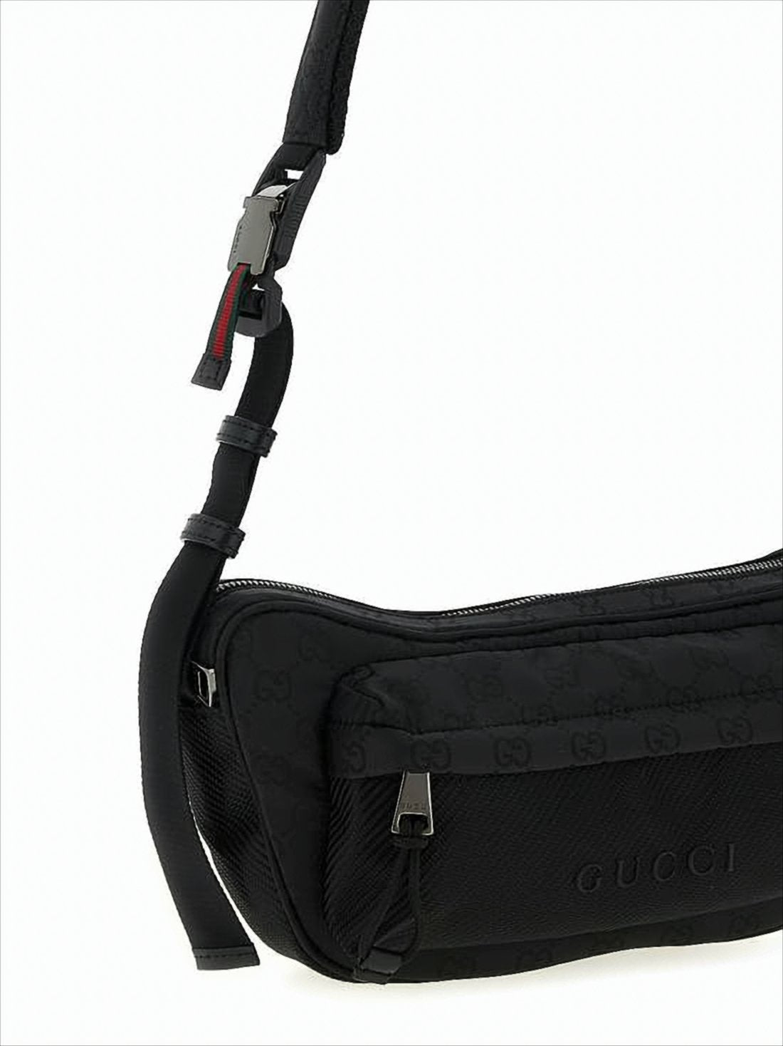 Black Nylon Shoulder Bag with Embossed Pattern
