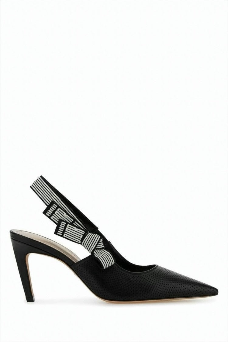 Perforated Leather Pumps With Striped Slingback And Bow Detail