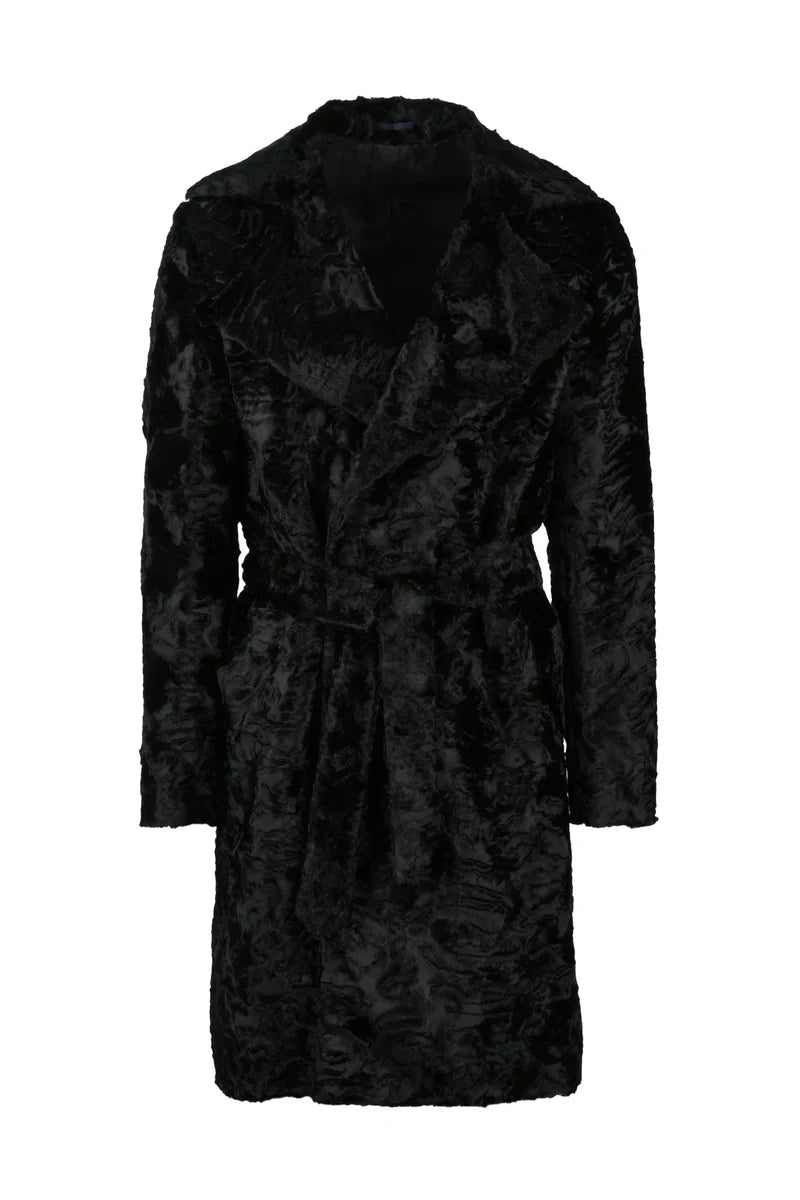 Double-Breasted Faux Fur Coat - Black