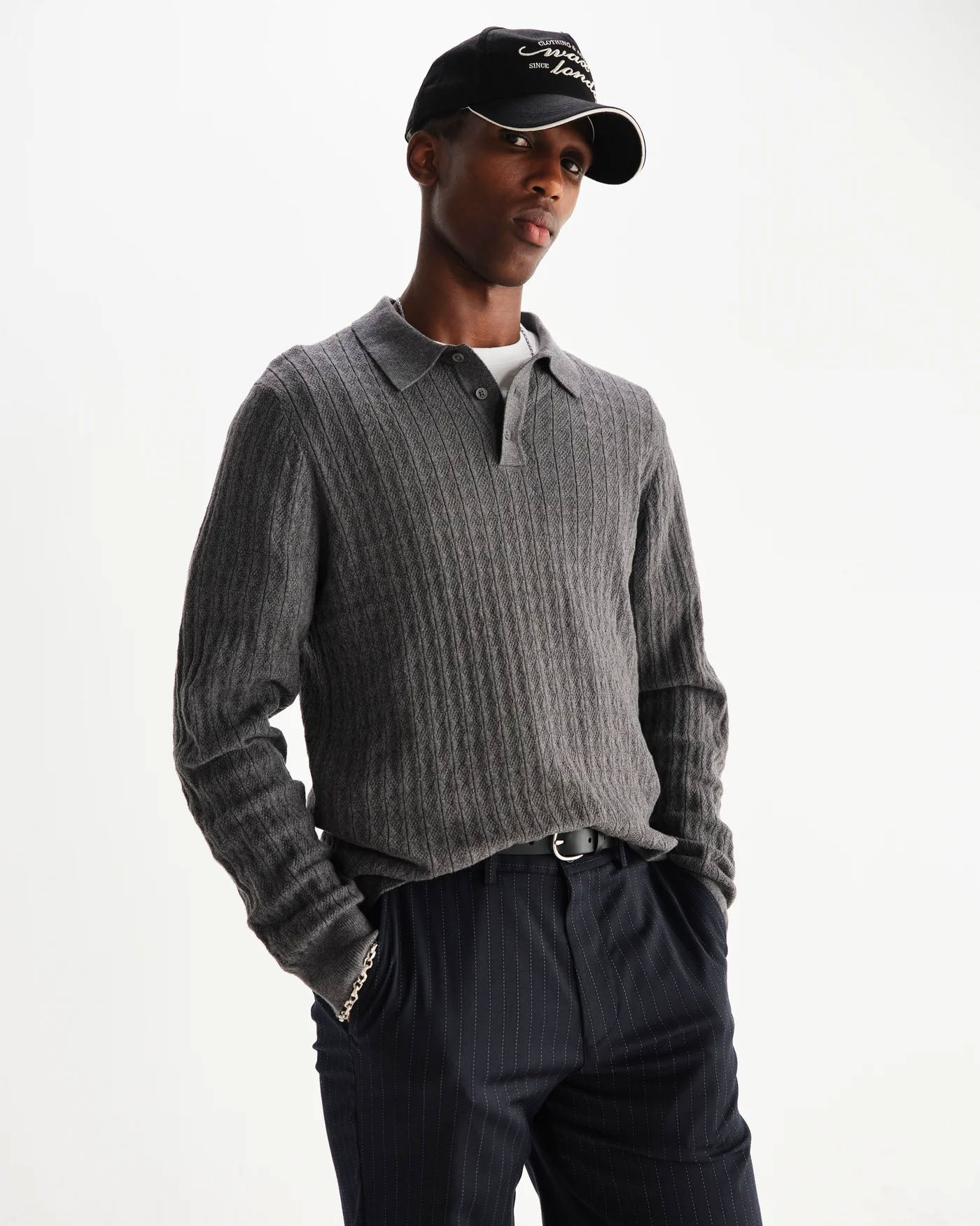 Textured Diamond Stripe Knit Polo in Grey Marl