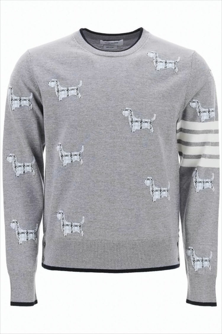 Grey Wool Sweater with Dog Motif and Signature Stripes