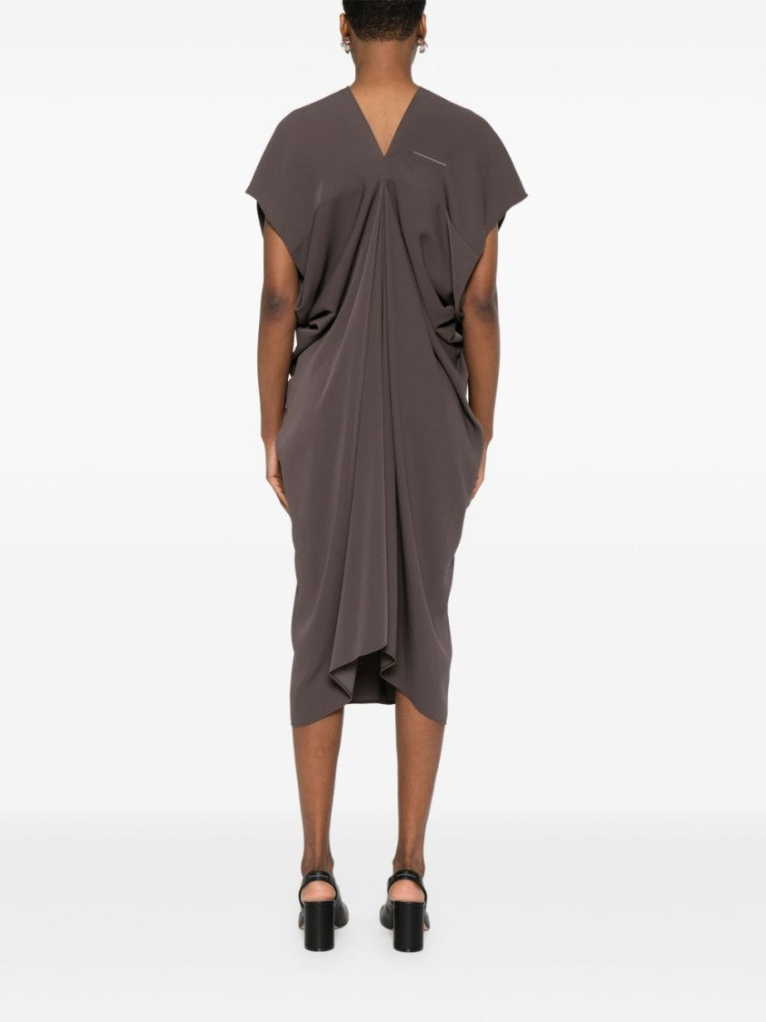 Draped Grey Midi Dress with V-Neckline