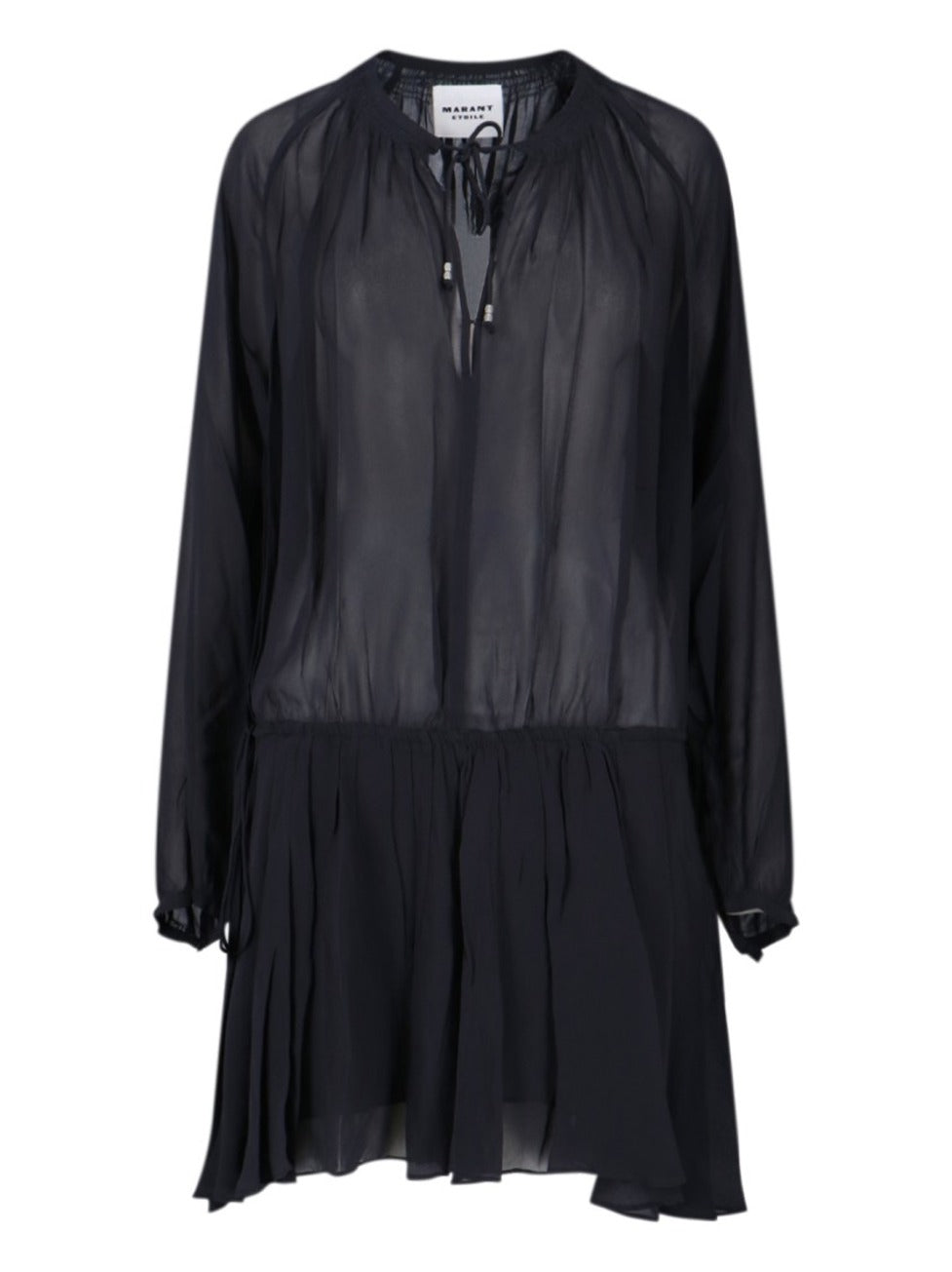 Black Semi-Transparent Midi Dress With Drawstring Waist