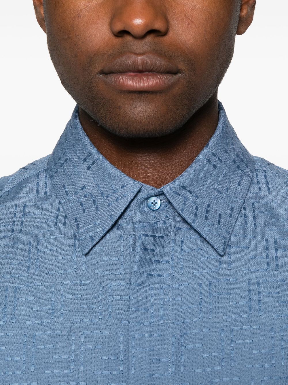 Oversized Short-Sleeved Shirt in Light Blue Linen FF Jacquard
