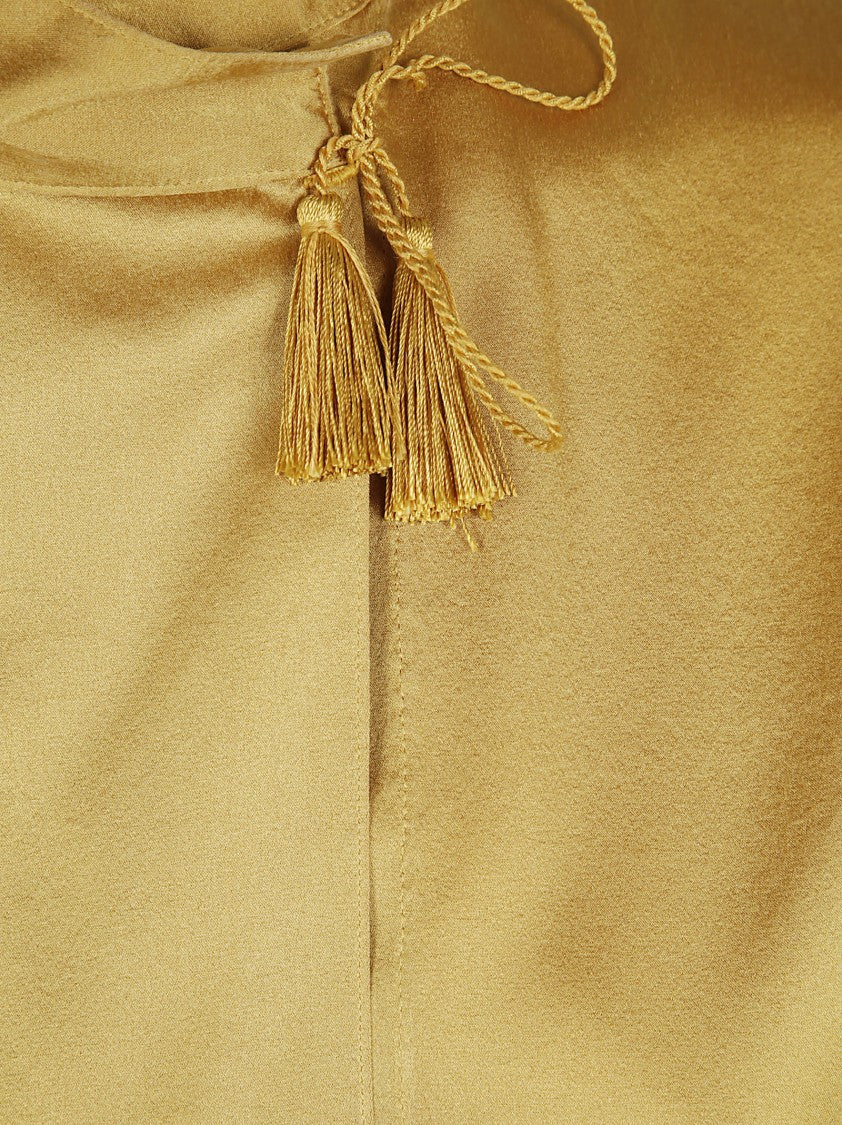High-Neck Silk Blouse With Tassel Tie