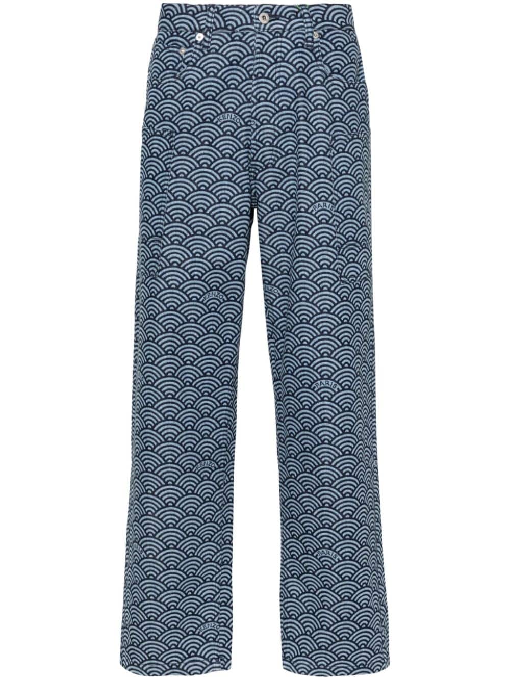 Geometric Pattern Cotton Denim Trousers