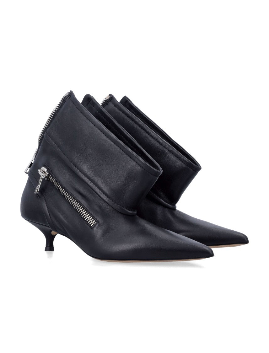 Black Leather Biker Kitten Heel Ankle Boot