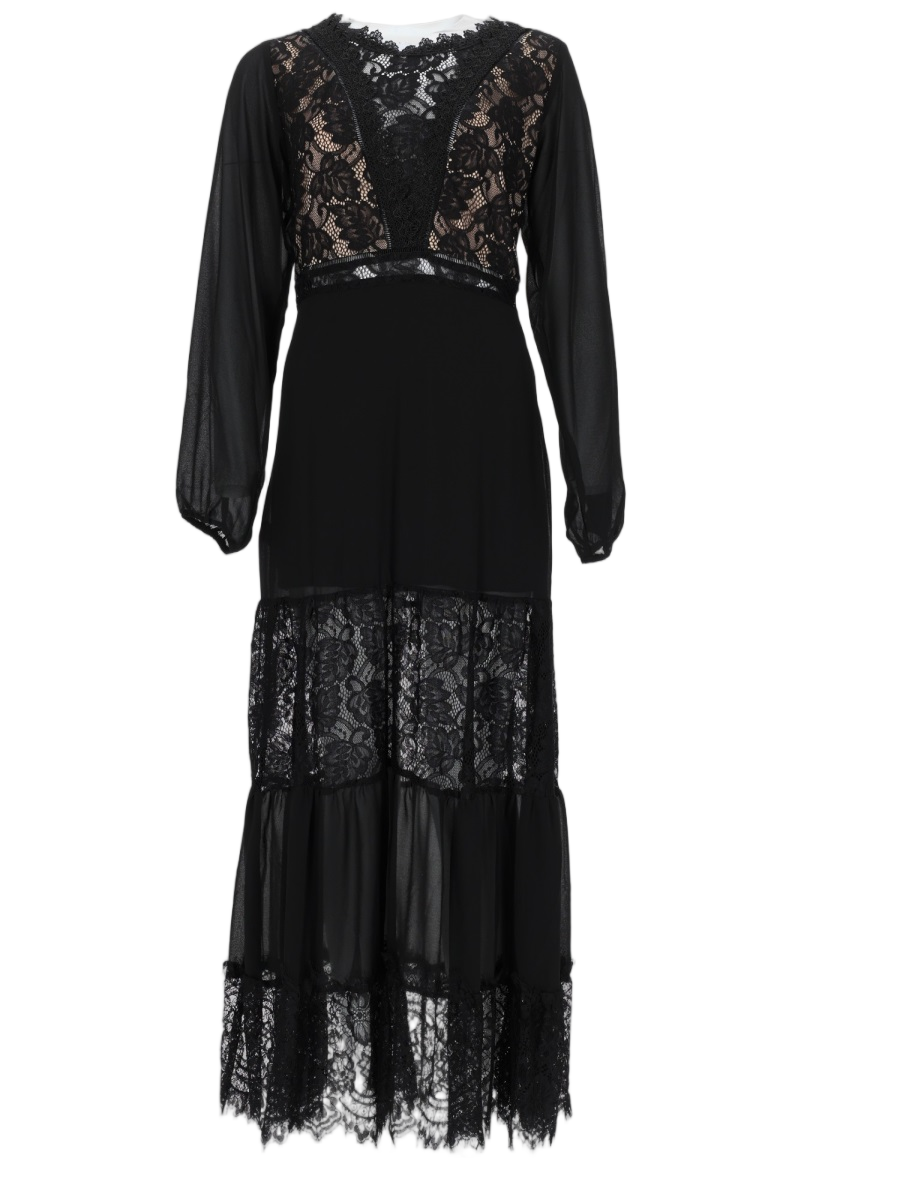 Midi Dress with Intricate Lace Detail and Sheer Sleeves