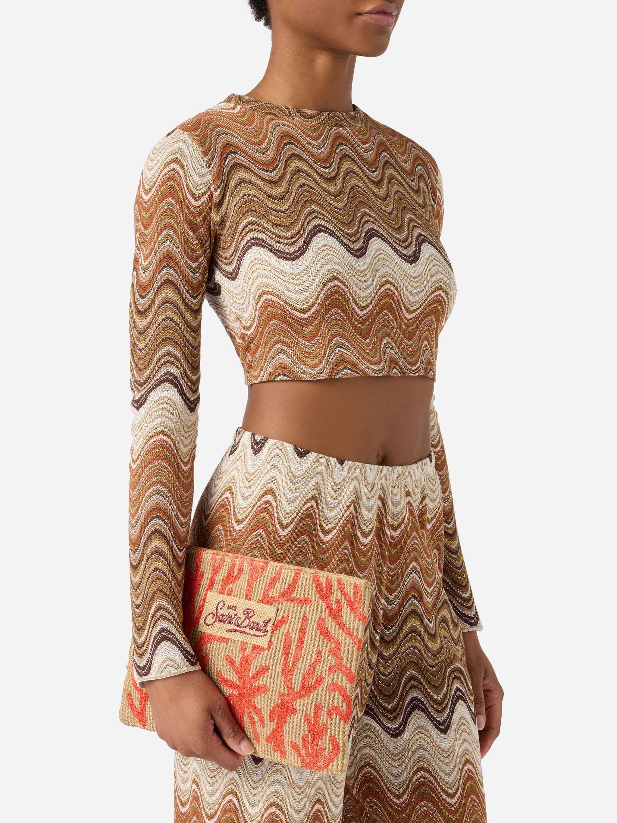 Textured Rectangular Clutch Bag with Coral Embroidery