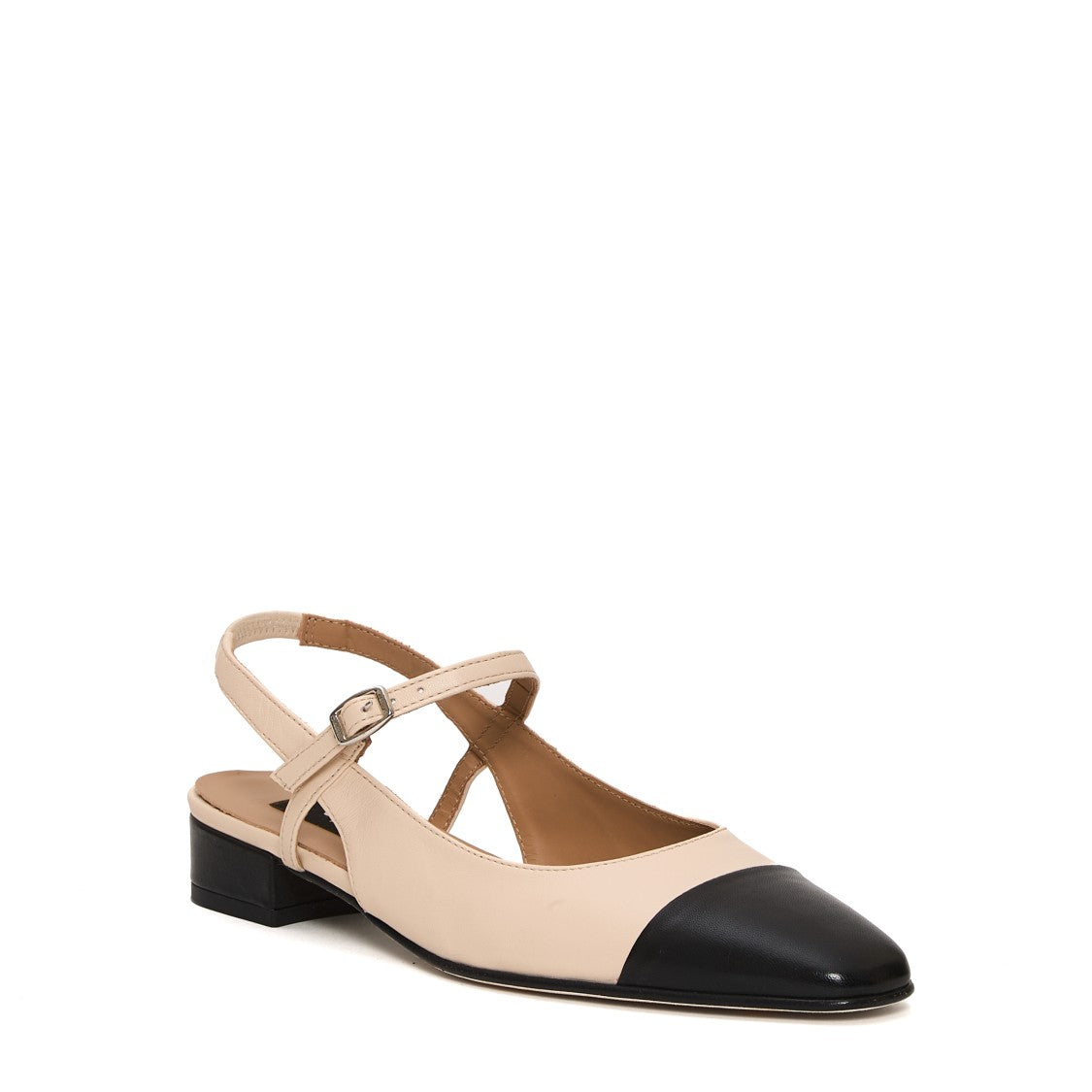 Beige Leather Slingback Shoes With Black Cap