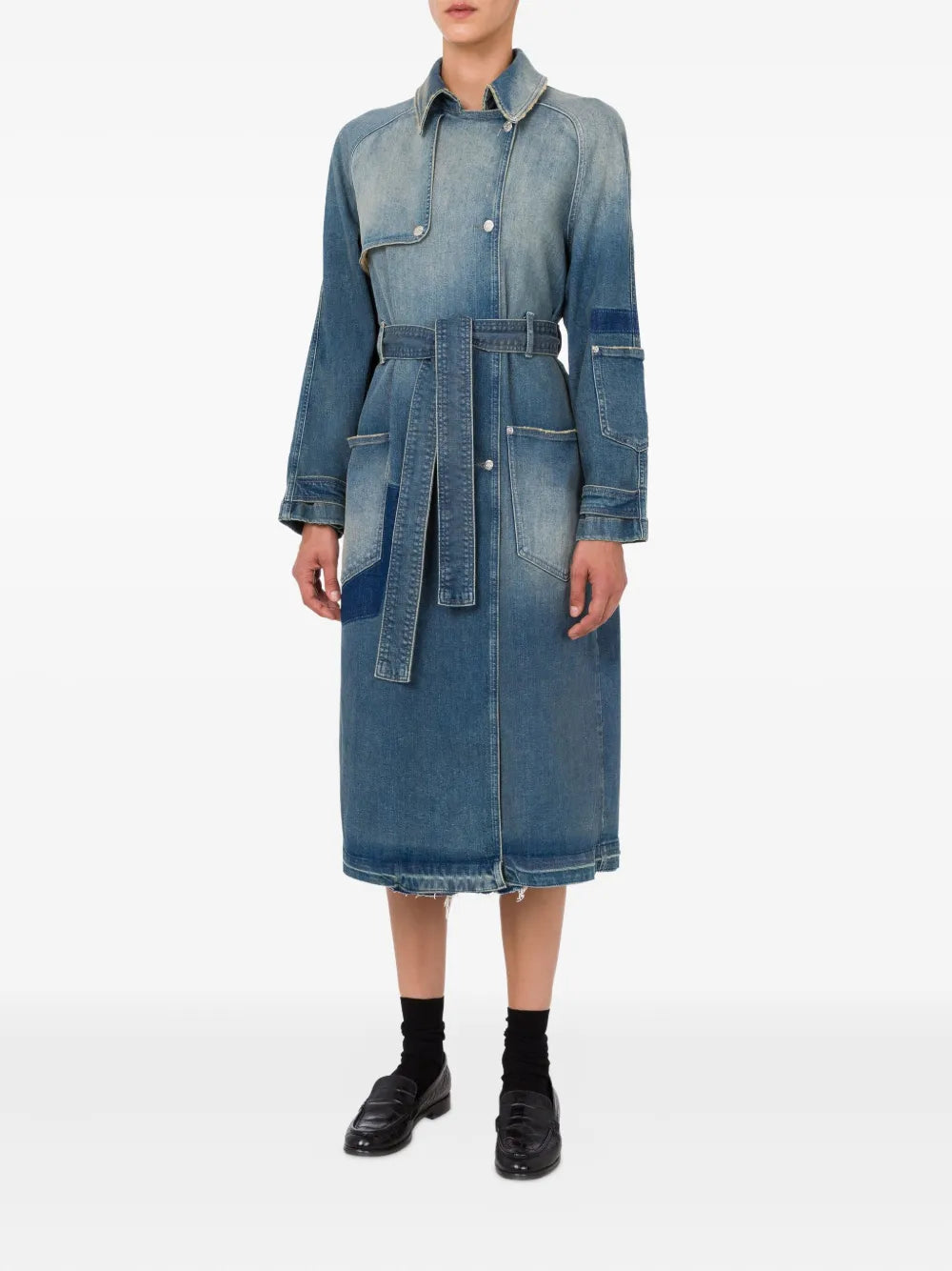 Mid-Length Denim Coat with Belted Waist