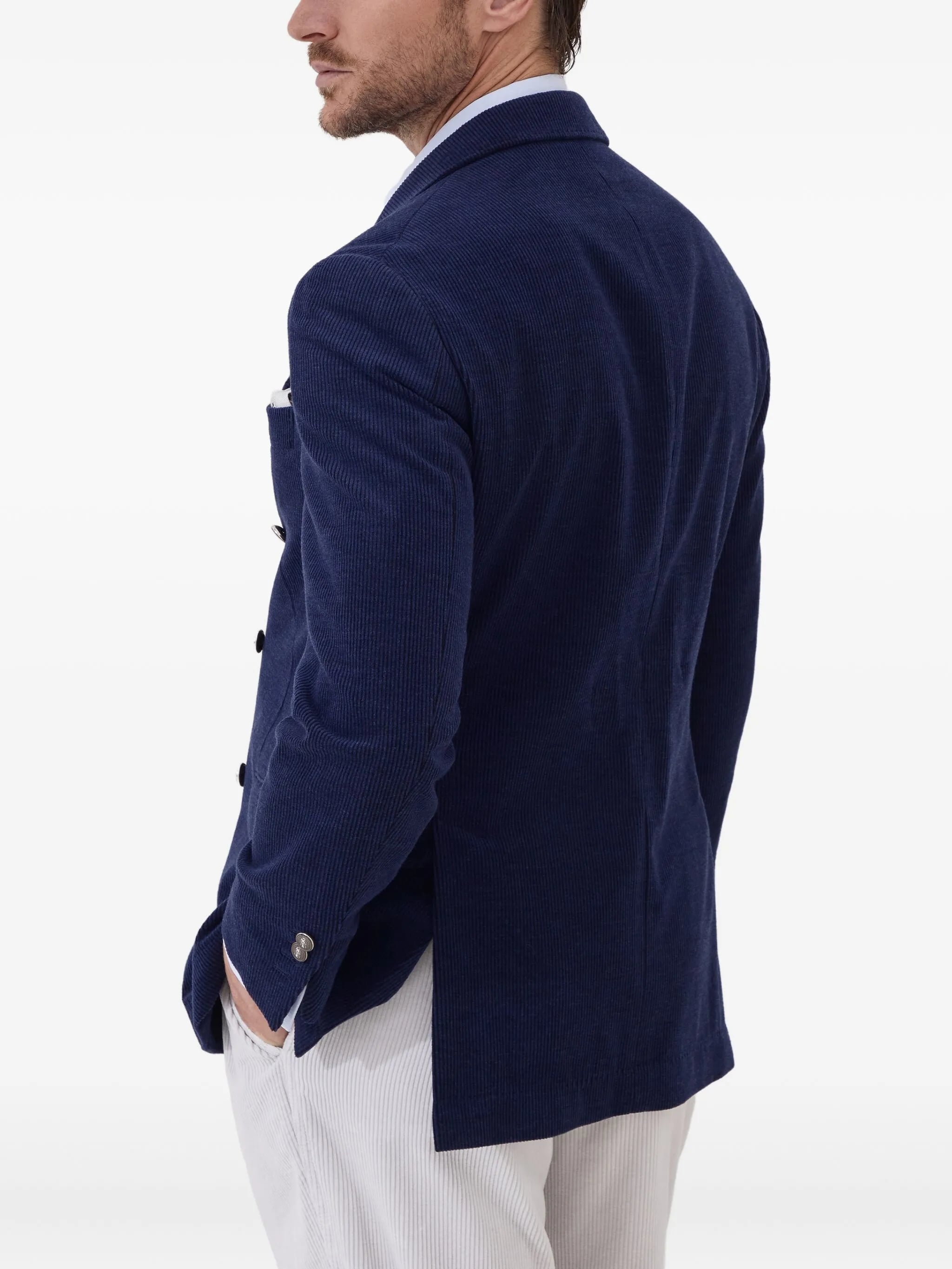 Double-Breasted Navy Blue Corduroy Blazer