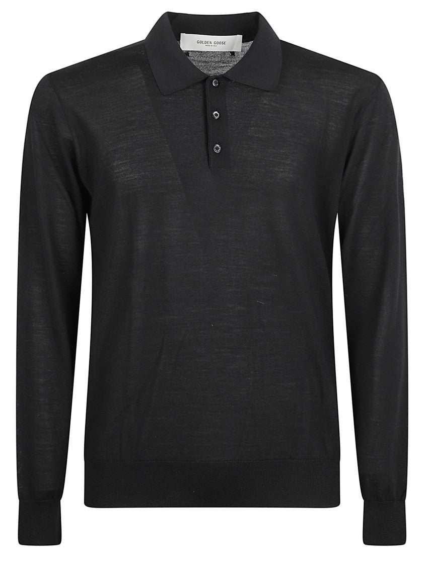 Long-Sleeve Polo Shirt In Black Virgin Wool