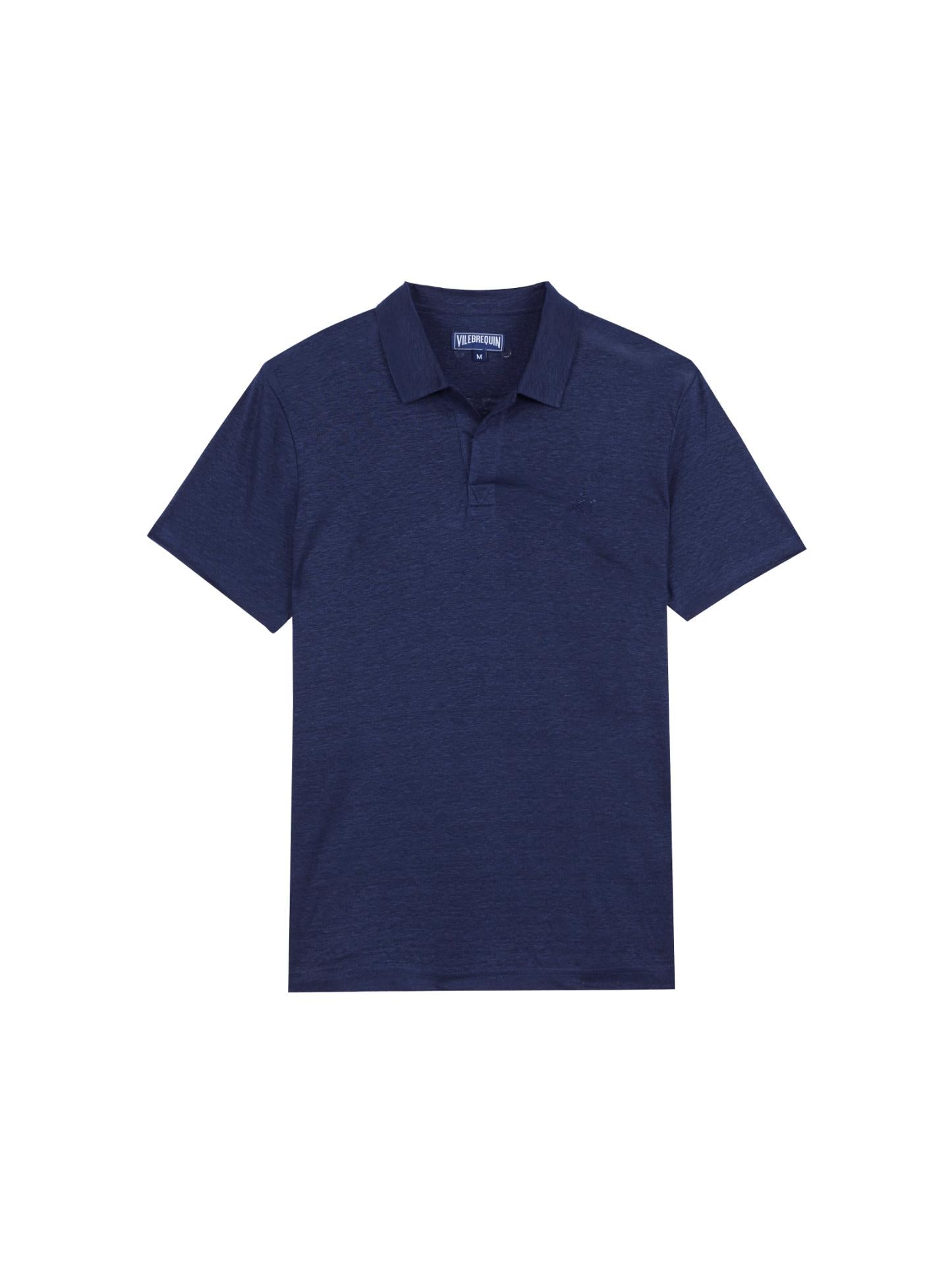 Blue V-Neck Linen Polo Shirt