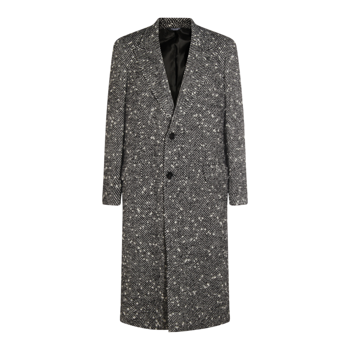 Textured Herringbone Long Coat with Notched Lapel