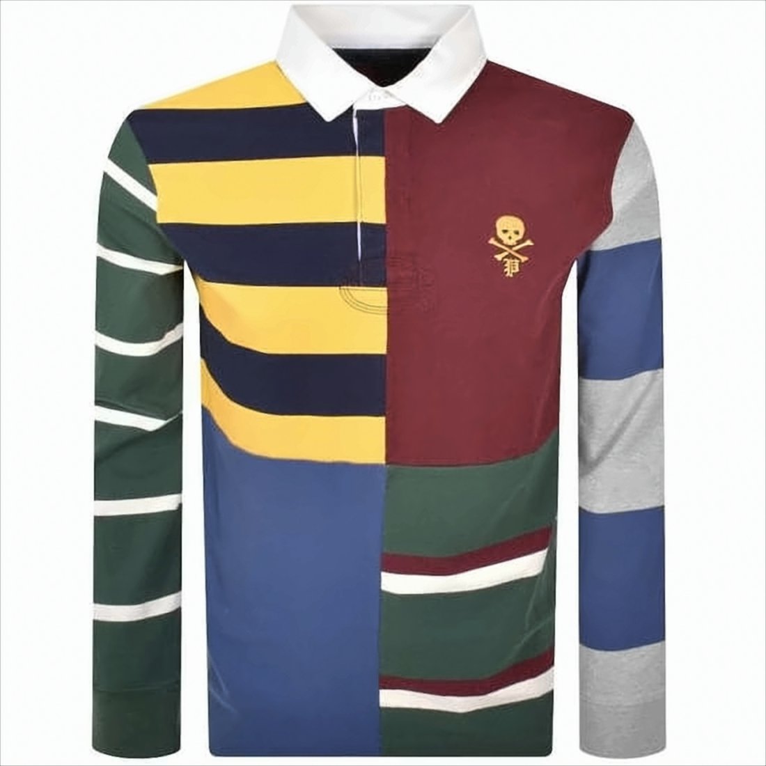 Patchwork Long-Sleeve Polo Shirt with Bold Stripes