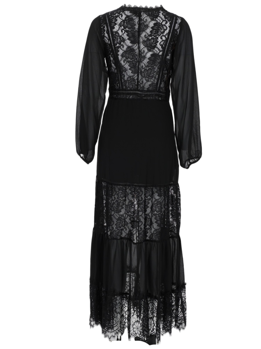Midi Dress with Intricate Lace Detail and Sheer Sleeves