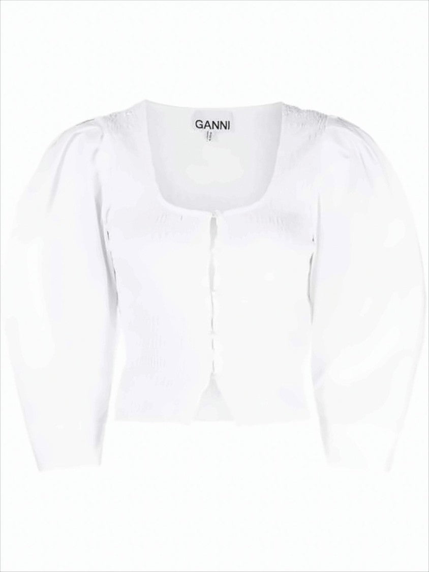 Fitted Cotton Blouse with Square Neckline and Voluminous Sleeves