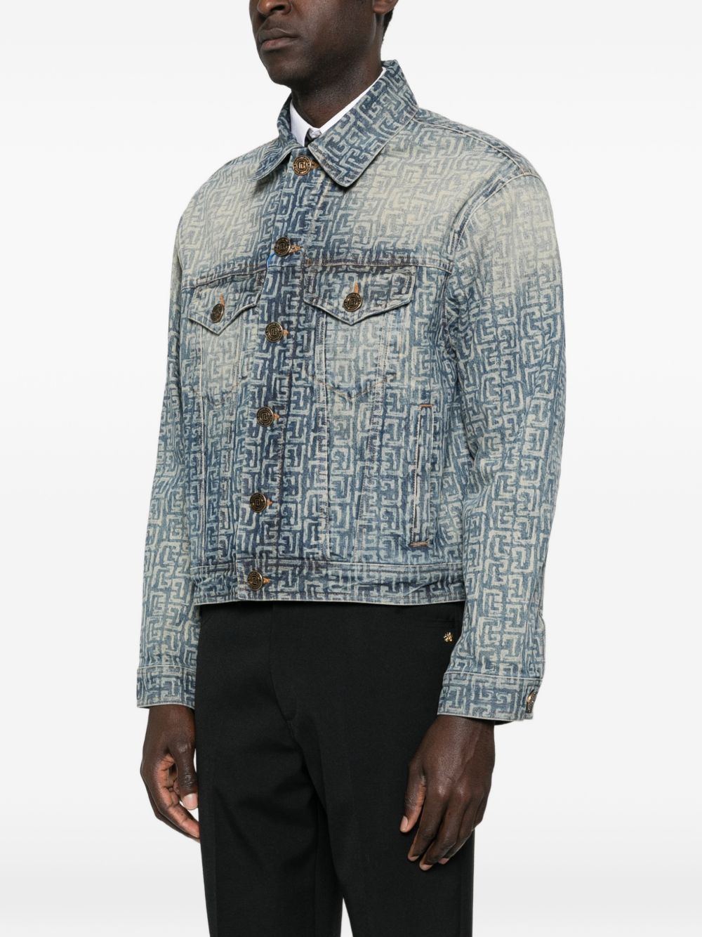 Faded Denim Jacket with Monogram Pattern