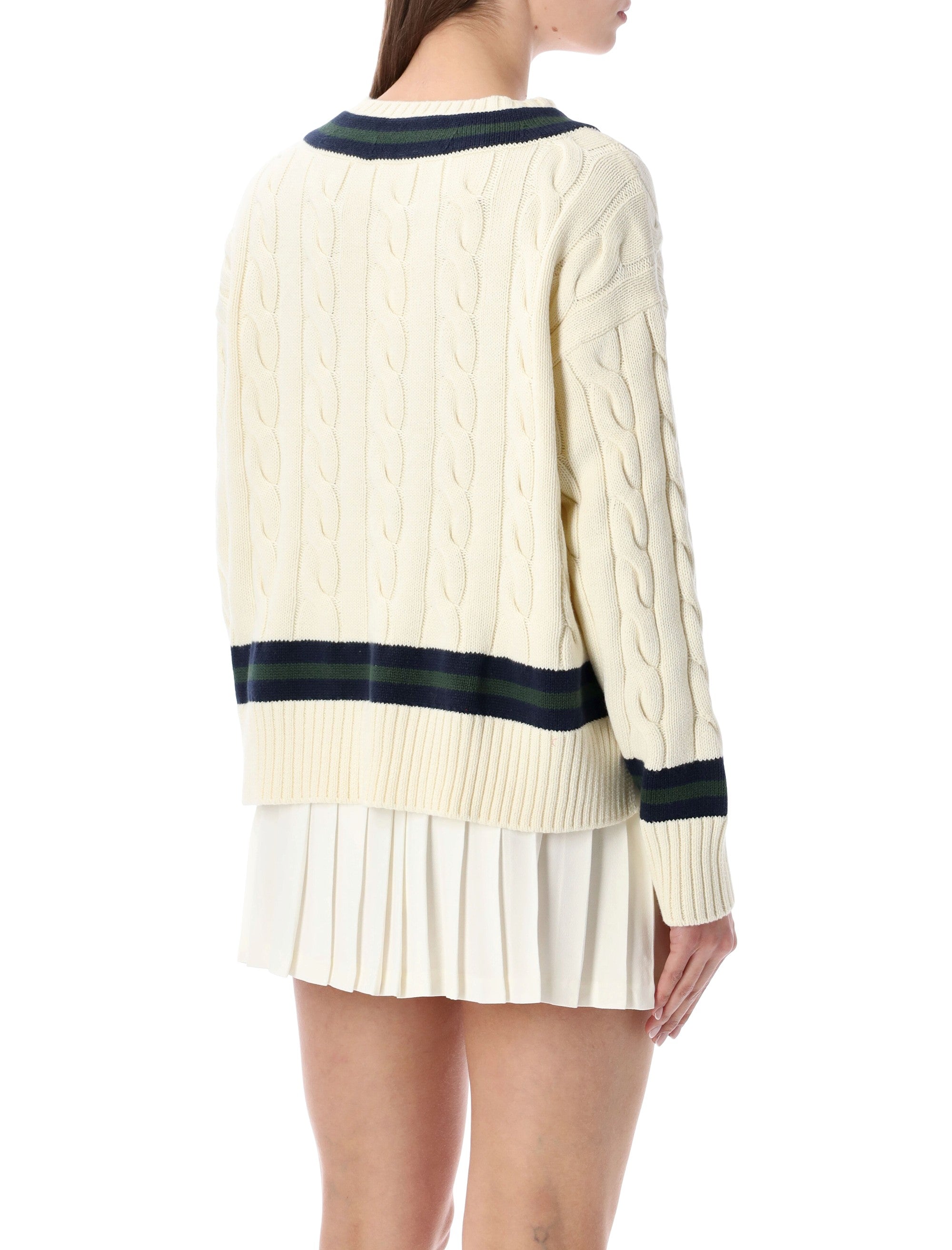 Cotton Cableknit V-Neck Sweater