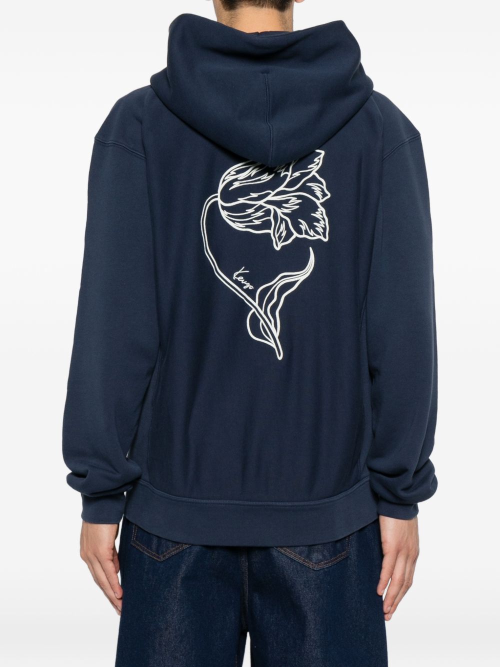 Blue Floral Print Hooded Pouch Sweatshirt