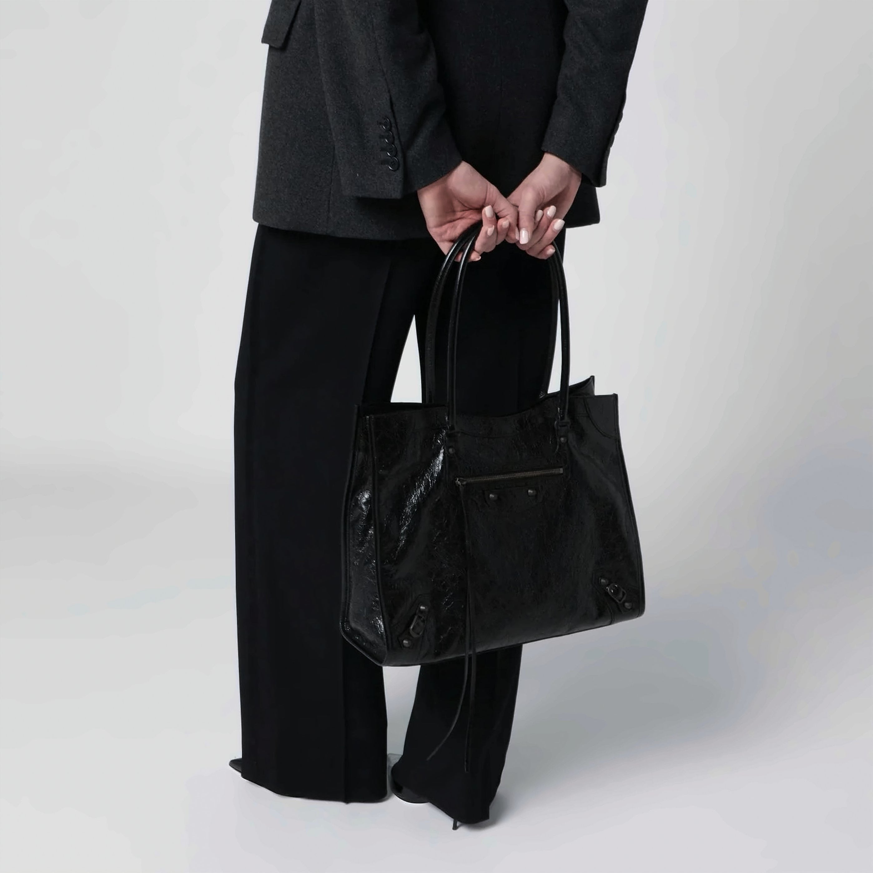 Medium Black Lamb Leather Tote Bag with Glossy Finish
