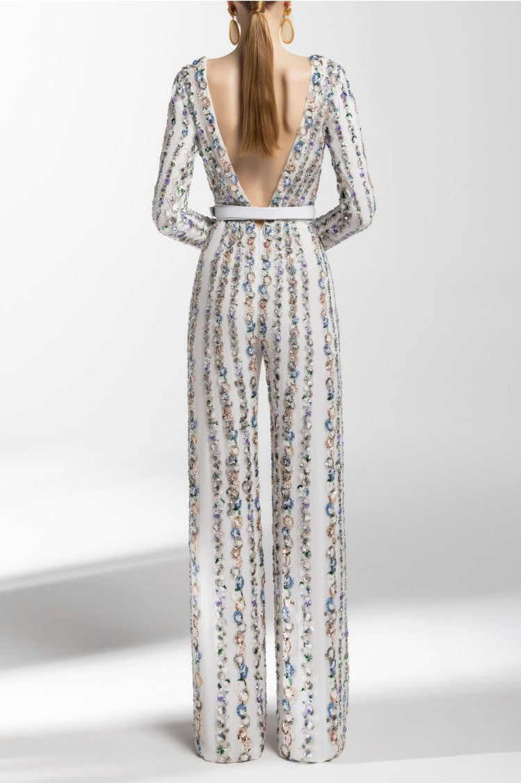Canton Crepe Beaded Jumpsuit With A Wrapped Top