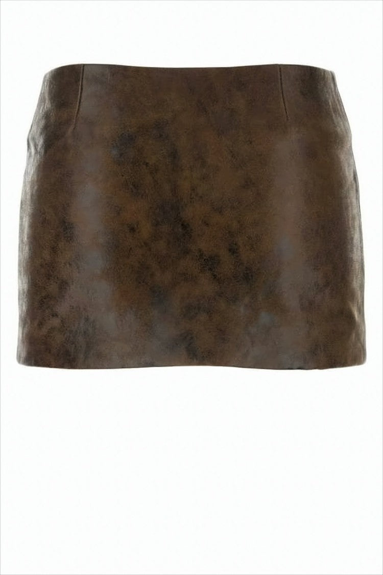 Short Leather Skirt With Distressed Finish And Silver Buckle