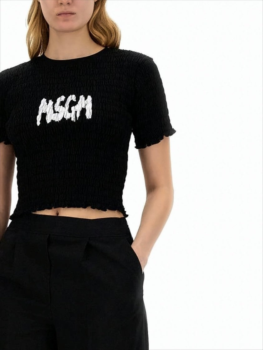 Textured Cropped Black T-Shirt With Bold Logo
