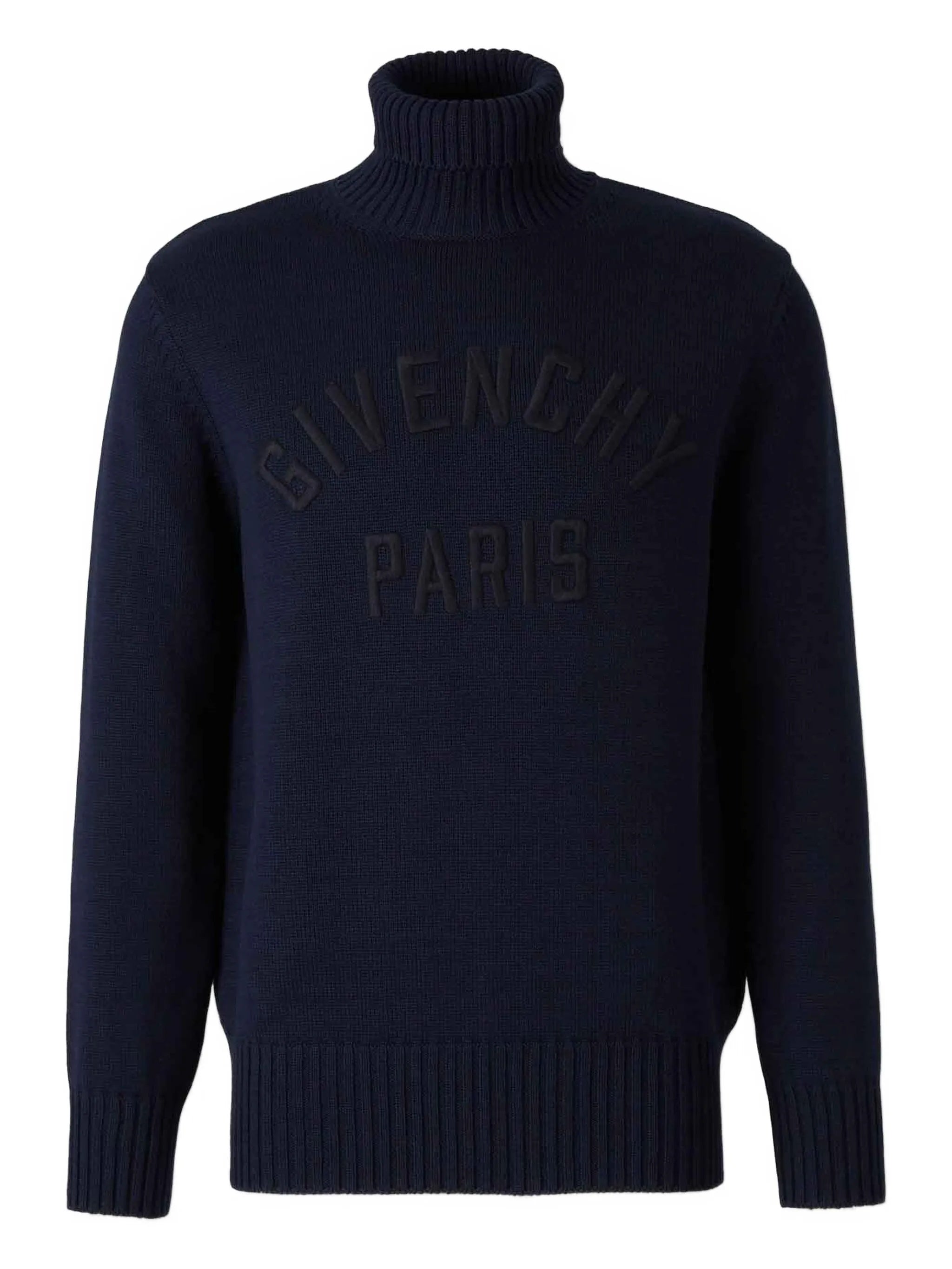 Navy Ribbed Knit Raised Lettering Turtleneck