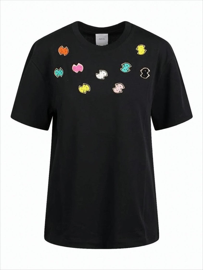 Black Cotton T-Shirt with Abstract Patches
