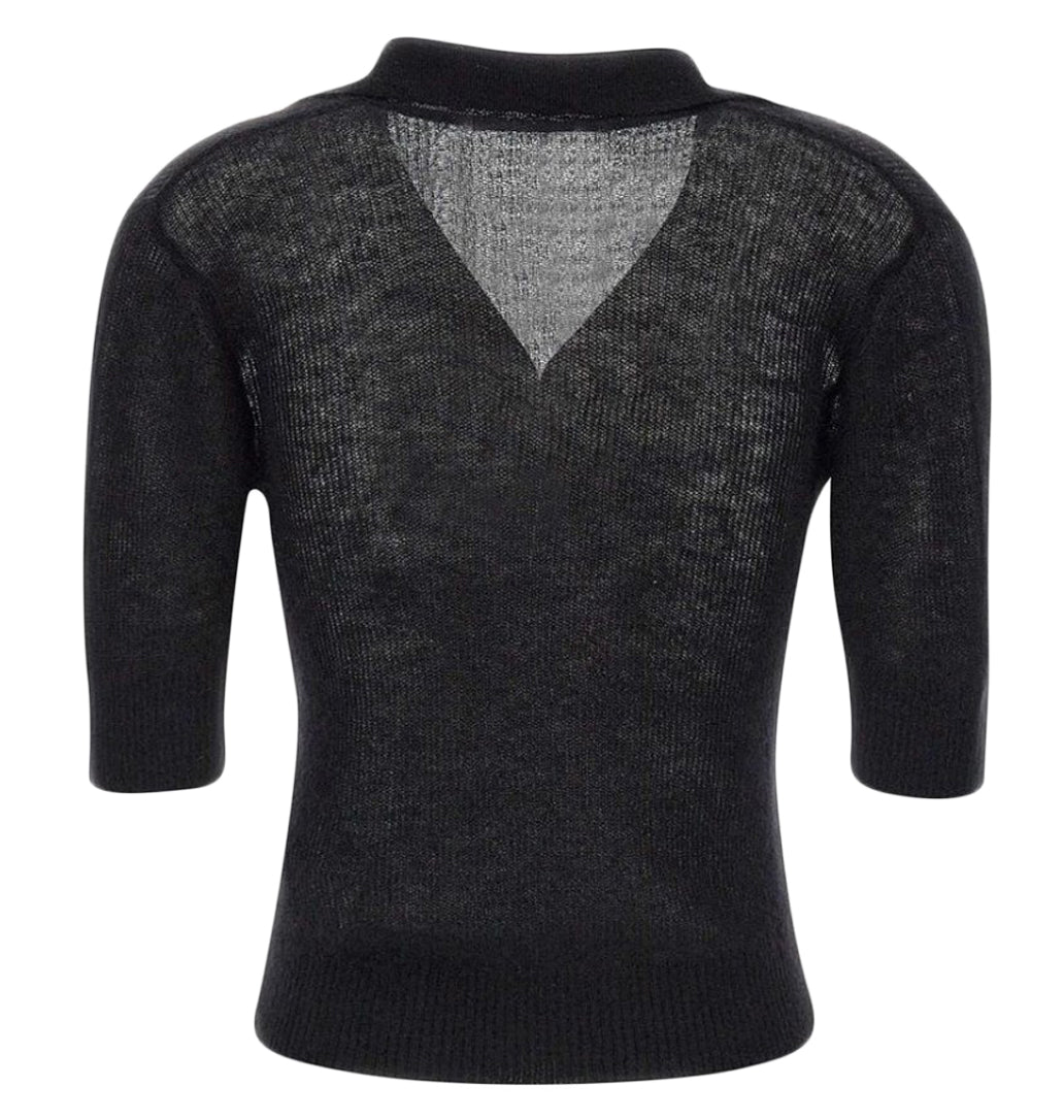 Semi-Sheer Knit Sweater with Deep V-Neckline