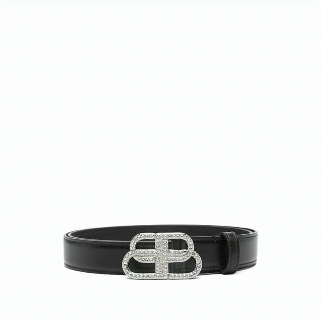 Black Polished Leather Crystal Buckle Belt