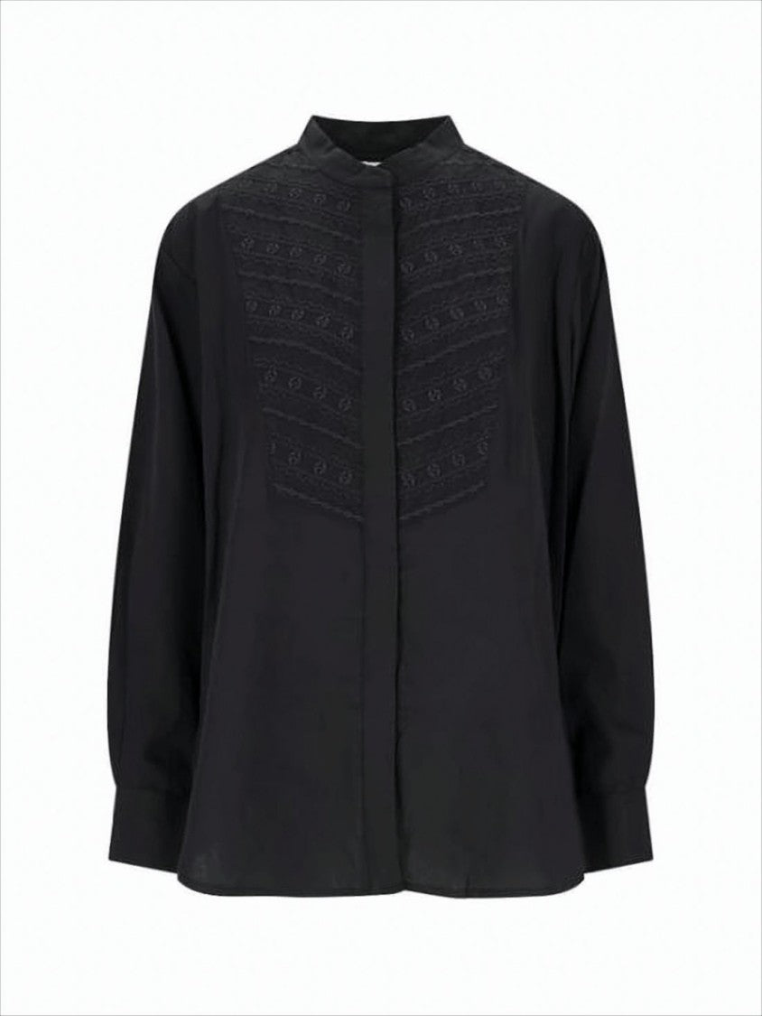 Mandarin-Collared Black Blouse with Tonal Embroidery