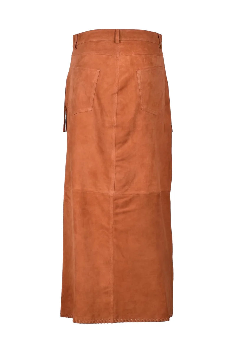 Long Suede Leather Skirt - Cognac